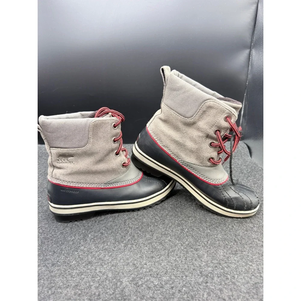 Sorel Waterproof Duck Boots Gray Black Red Suede Rubber Lace Up Winter Boots